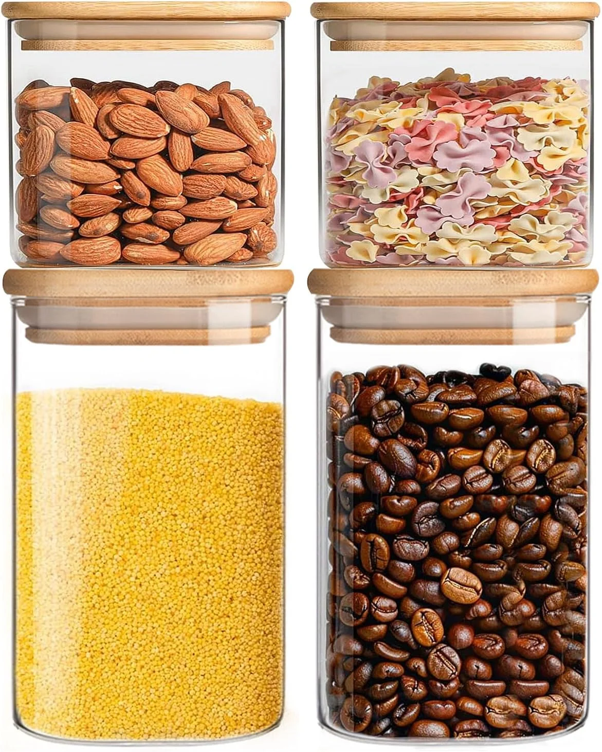 ست 4 تایی ظروف شیشه ای نگهداری مواد غذایی با درب بامبو، شیشه های شفاف با درب های مهر و موم دار، ظروف نگهداری مواد غذایی آشپزخانه، مناسب برای شکر، آرد، غلات، حبوبات، دانه های قهوه، شیشه های درب دار