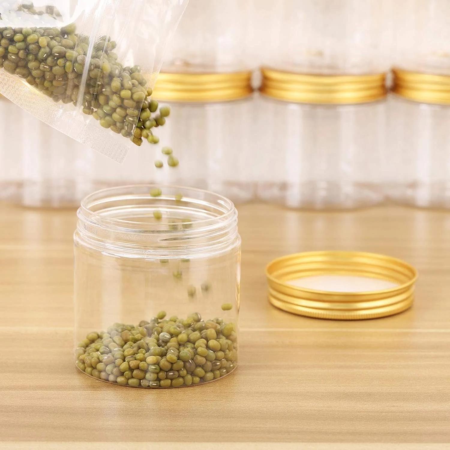 4-Pcs Food Storage Jars, Clear Plastic Canisters with Gold Lids, 300ml/8.5oz Refillable Round Jars for Spices, Snacks, Candy, Pantry Organizer, DIY Crafts – Containers for Home, Kitchen, & Travel