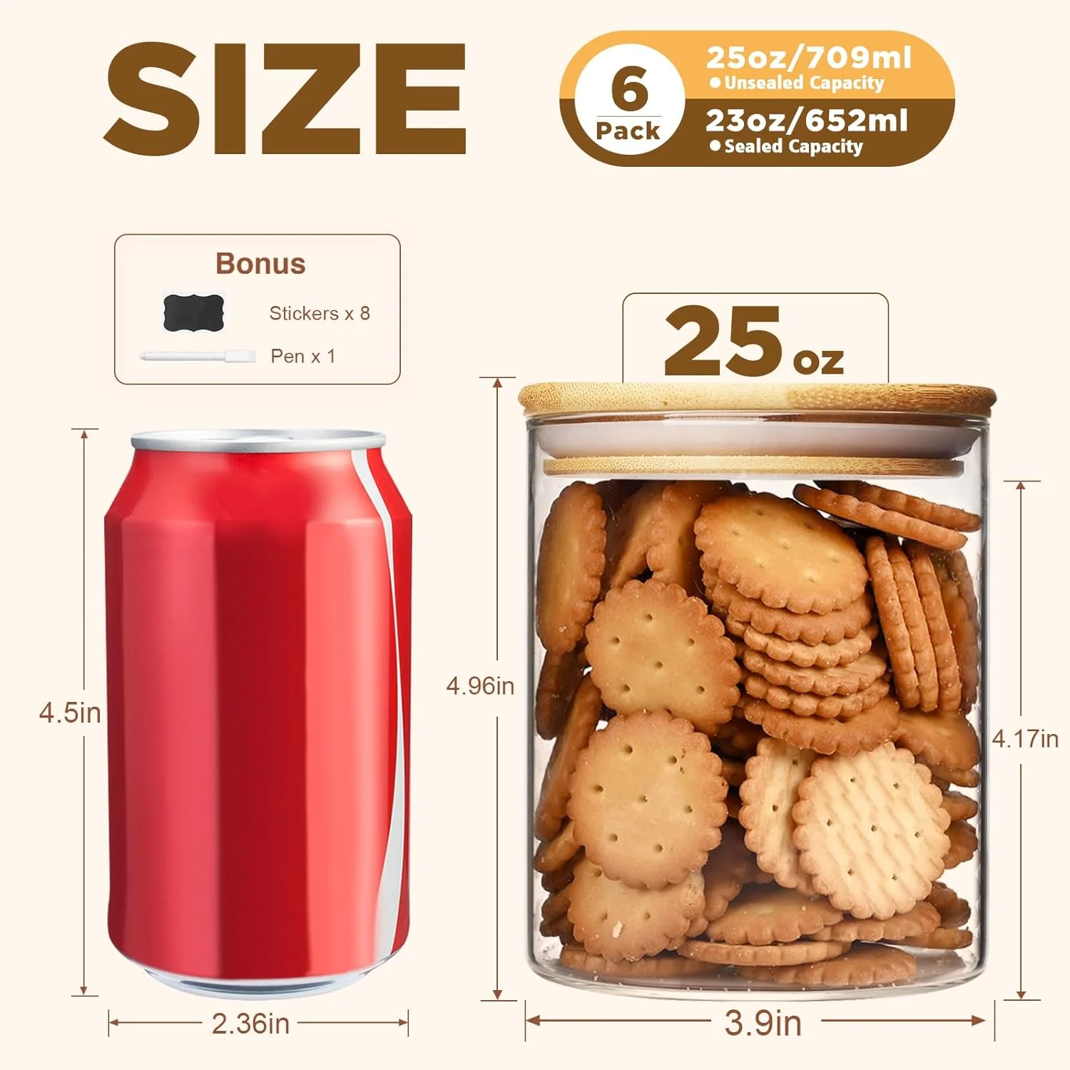 ظروف شیشه ای نگهداری مواد غذایی 740 میلی لیتری، ظروف شیشه ای با درب بامبو، ظروف نگهداری آشپزخانه، ست 6 عددی، ظروف درب دار هواگیر برای ادویه، قهوه، کلوچه، سازمان دهنده های انبار