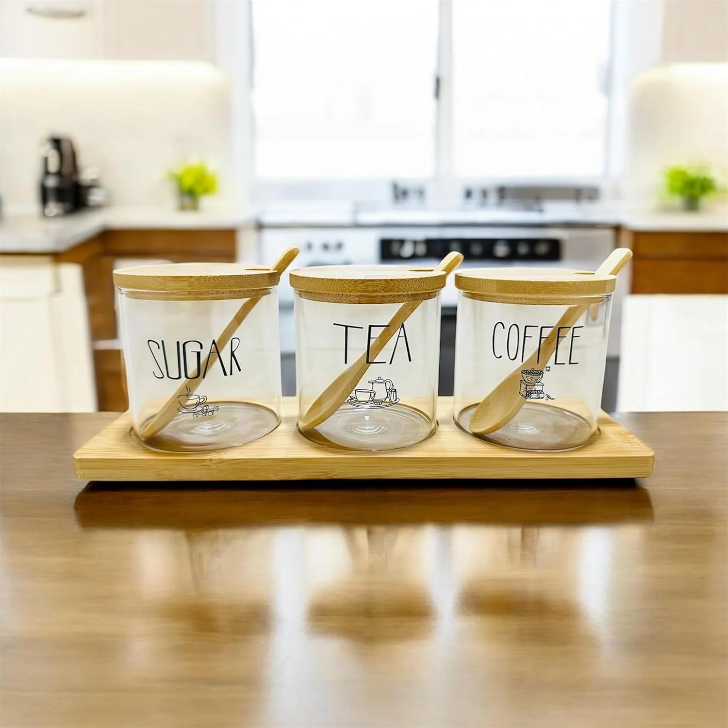 Food Storage Containers Set Spices Jar Set 3 Piece Glass Jar With Bamboo Lids And Spoons,Clear Food Storage Containers for Pantry for Tea, Herbs, Sugar,Coffee