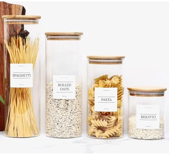 Glass Food Storage Jars Set of 4, Clear Glass Storage Containers with Bamboo Lids, Pantry Organization Jar, Spice, Tea, Coffee and Sugar Container, Small Canister Set for Kitchen (Glass, 4)