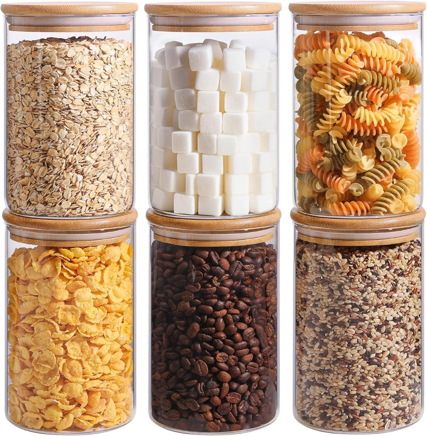 ست 6 عددی شیشه های نگهداری مواد غذایی 1100 میلی لیتری، ظروف نگهداری شیشه ای شفاف با درب بامبو، مناسب برای نگهداری چای، قهوه، آرد، شکر، آبنبات، کلوچه، ادویه و موارد دیگر