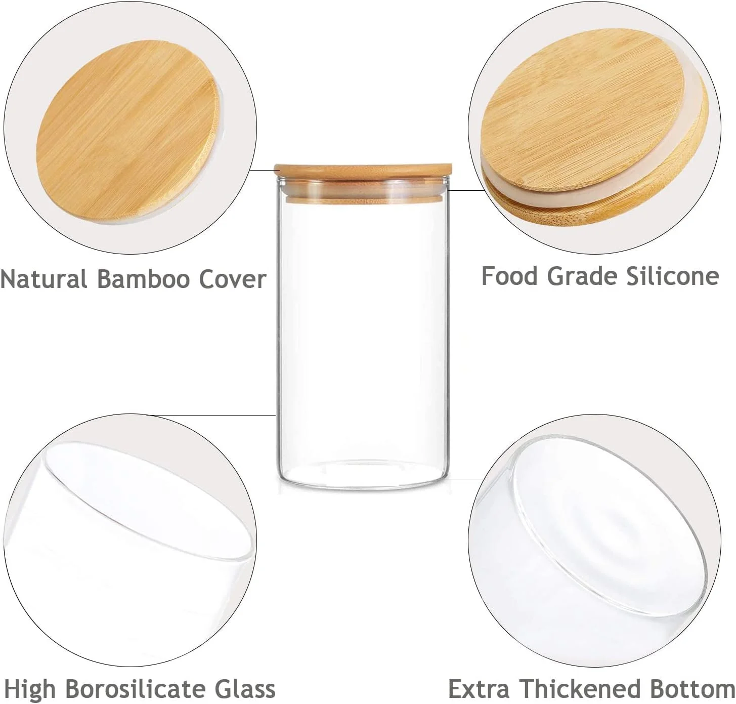 ست ظروف شیشه ای ذخیره سازی مواد غذایی، ست شیشه ادویه، ست 3 تکه شیشه ای با درب های بامبو و برچسب های هواگیر، ظروف شیشه ای کوچک شفاف برای نگهداری مواد غذایی در انبار برای چای، گیاهان دارویی، شکر، (3 عدد، 1800 میلی لیتر)