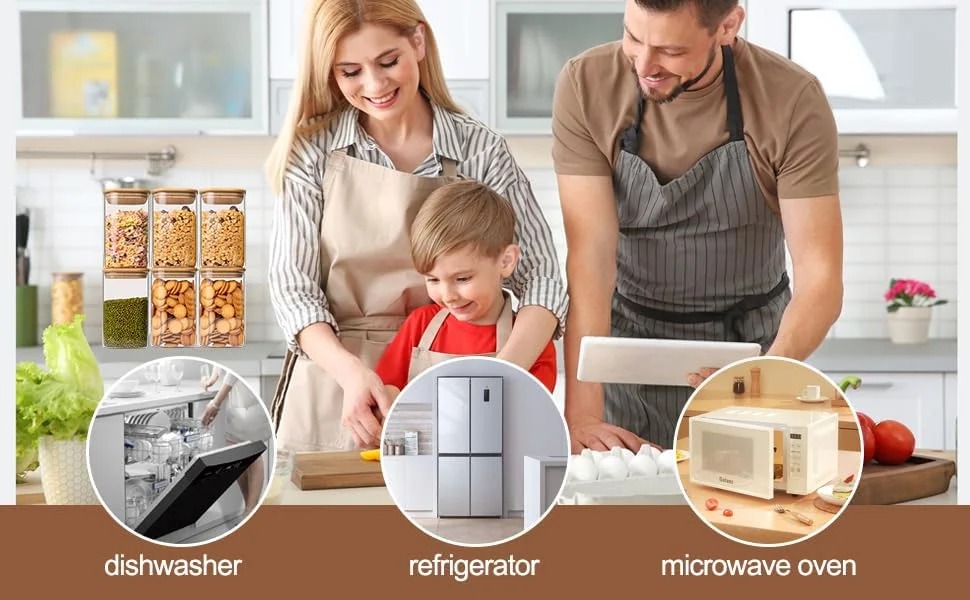 ست 6 عددی شیشه های نگهداری مواد غذایی 1100 میلی لیتری، ظروف نگهداری شیشه ای شفاف با درب بامبو، مناسب برای نگهداری چای، قهوه، آرد، شکر، آبنبات، کلوچه، ادویه و موارد دیگر