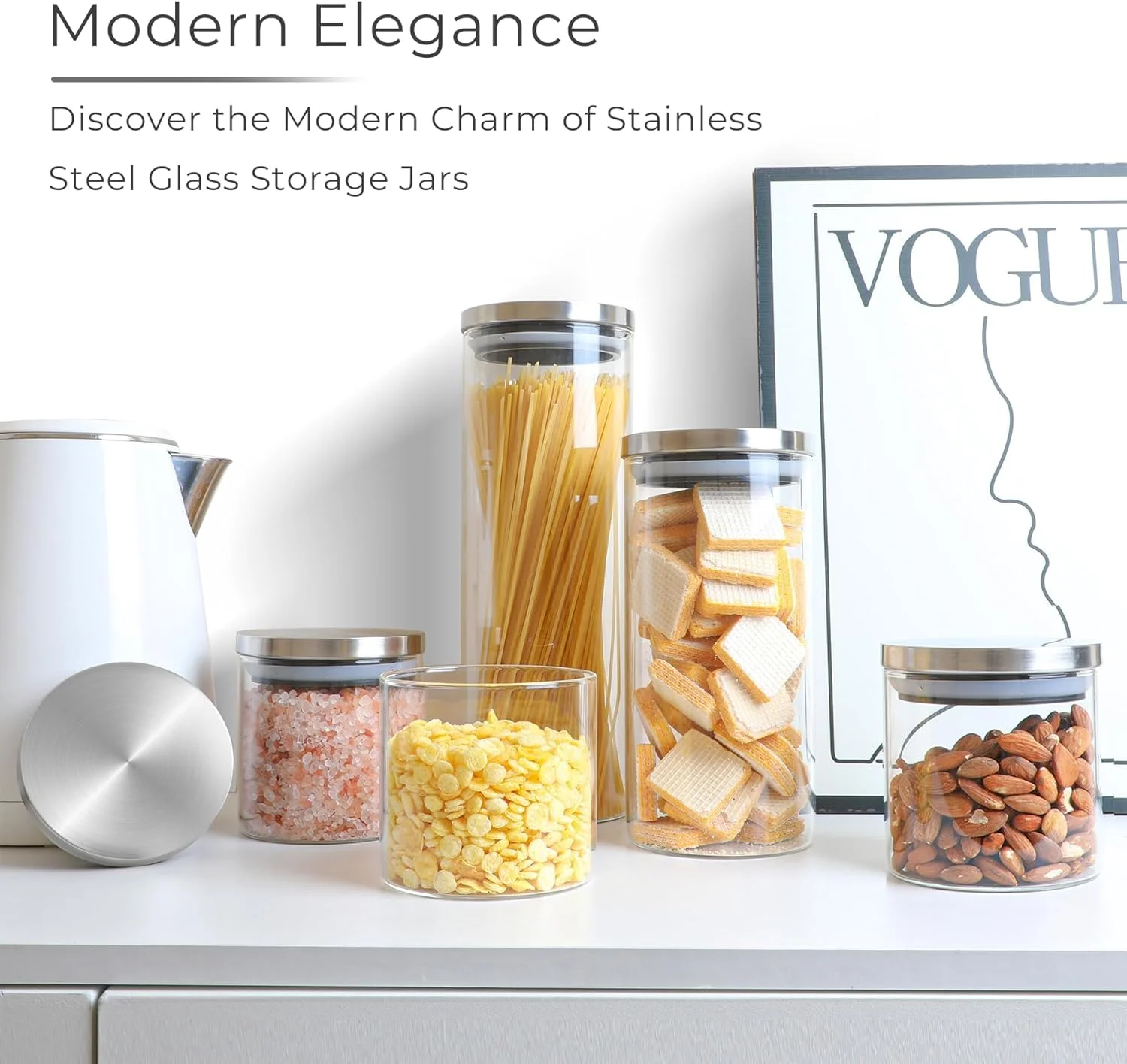 ظروف شیشه ای نگهداری مواد غذایی با درب استیل، ست 4 تایی شیشه های شفاف درب دار، ظروف شیشه ای کوچک درب دار، شیشه های نگهداری 470 میلی لیتری برای ادویه، شکر، چای، آبنبات، کلوچه، ظروف آشپزخانه