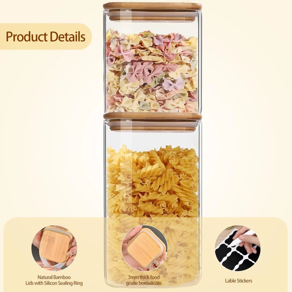 ست 4 تایی ظروف شیشه ای نگهداری مواد غذایی با درب بامبو، شیشه های شفاف با درب های مهر و موم دار، ظروف نگهداری مواد غذایی آشپزخانه، مناسب برای شکر، آرد، غلات، حبوبات، دانه های قهوه، شیشه های درب دار ست 4 تایی ظروف شیشه ای نگهداری مواد غذایی با درب بامبو، شیشه های شفاف با درب های مهر و موم دار، ظروف نگهداری مواد غذایی آشپزخانه، مناسب برای شکر، آرد، غلات، حبوبات، دانه های قهوه، شیشه های درب دار