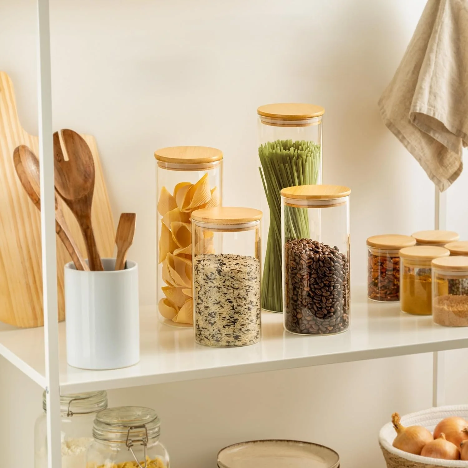 Glass Food Storage Jars Set of 4, Clear Glass Storage Containers with Bamboo Lids, Pantry Organization Jar, Spice, Tea, Coffee and Sugar Container, Small Canister Set for Kitchen (Glass, 4)