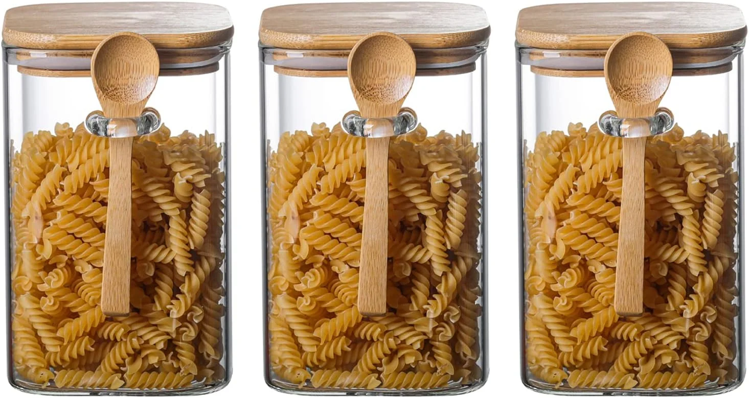 ست 3 تایی ظروف شیشه ای درب بامبو با قاشق بامبو، ظروف نگهداری مواد غذایی آشپزخانه با درب های محکم برای نگهداری چای، قهوه، آرد، شکر، نبات، کلوچه، ادویه (متوسط: 1000 میلی لیتر)