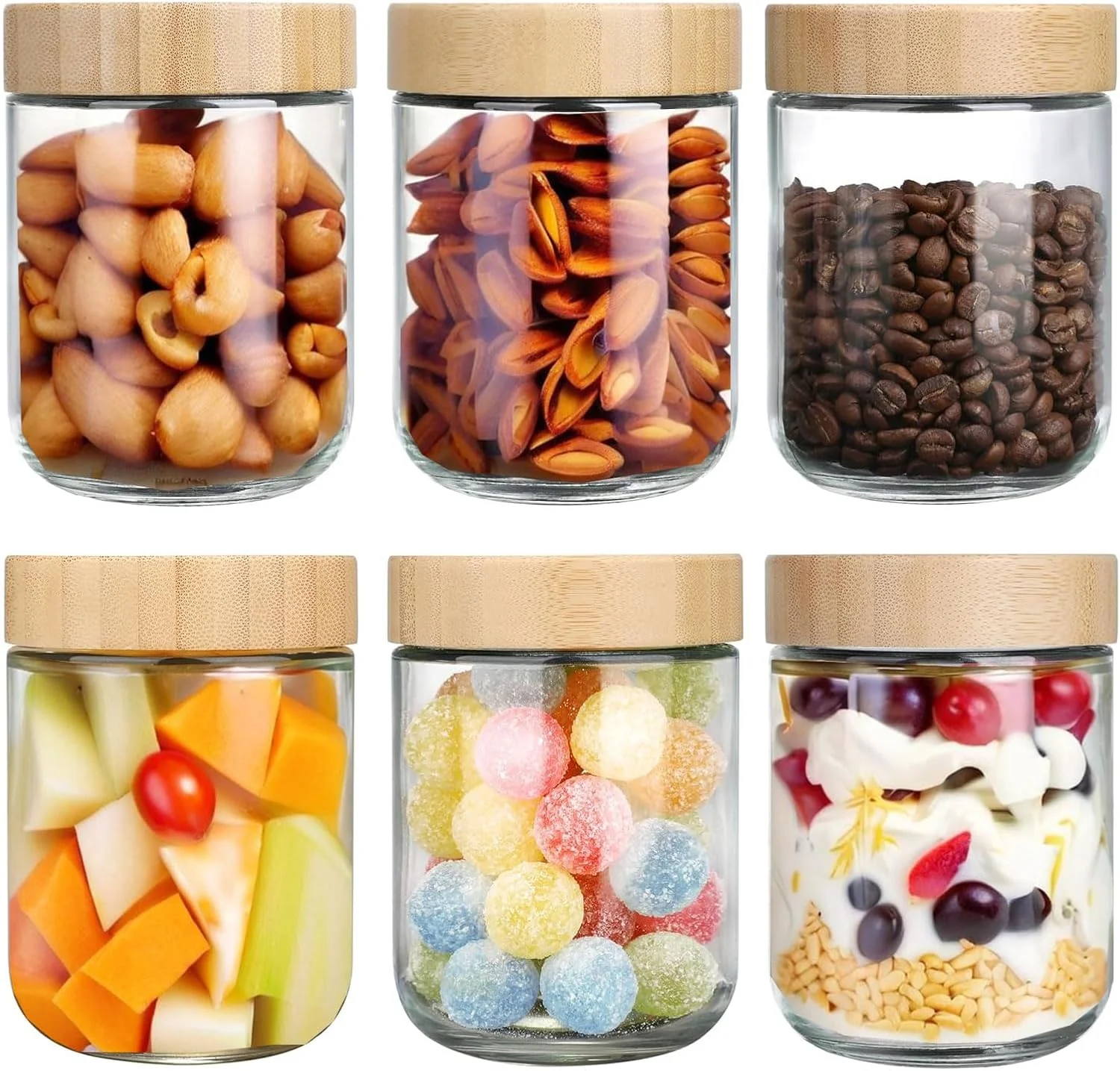 ست 6 عددی ظروف شیشه ای 480 میلی لیتری با درب بامبو، ظروف نگهداری جو دوسر شبانه با درب هواگیر، ظروف شیشه ای نگهداری سالاد برای غذا، ماست، شکر و آرد، دانه های قهوه، کلوچه، غلات