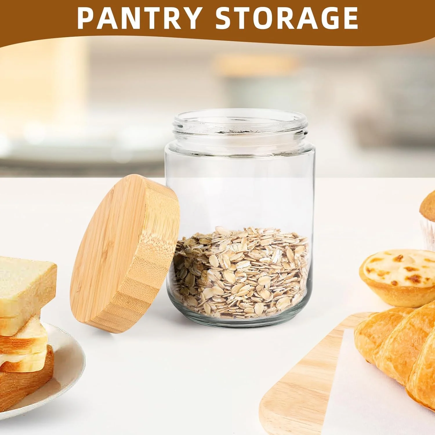 ست 4 تایی ظروف شیشه ای نگهداری مواد غذایی با درب بامبو، 480 میلی لیتر، دهانه گشاد، مناسب برای اوت میل شبانه، آماده سازی غذا، ماست، ادویه جات (480 میلی لیتر)