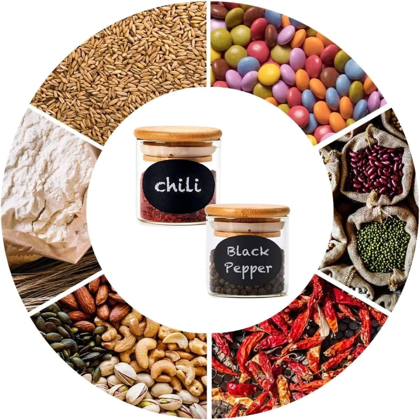ست 12 تایی ظروف شیشه ای ذخیره سازی با درب بامبو، ظروف نگهداری مواد غذایی آشپزخانه با برچسب برای ادویه جات، قهوه، شکر، آب نبات و غیره، 200 میلی لیتر
