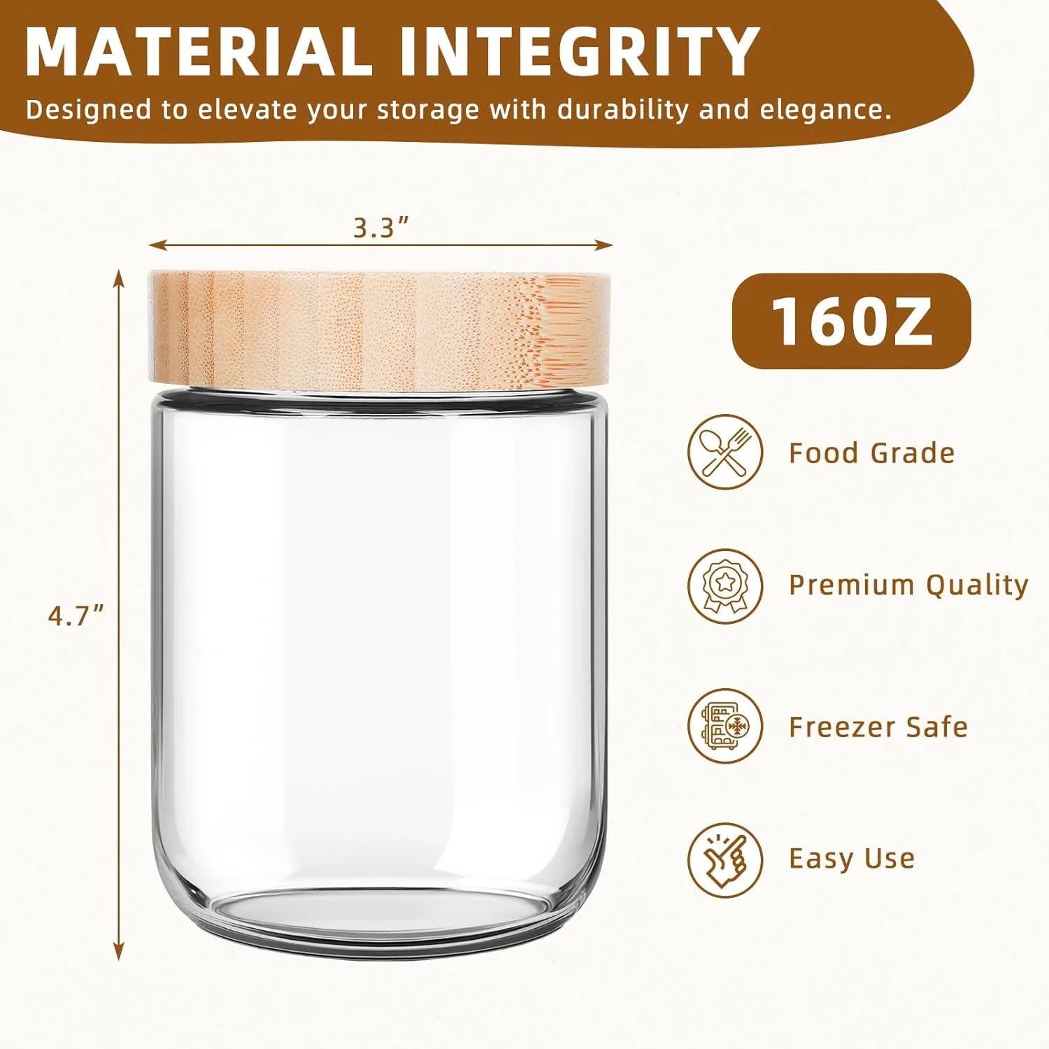 ست 4 تایی ظروف شیشه ای نگهداری مواد غذایی با درب بامبو، 480 میلی لیتر، دهانه گشاد، مناسب برای اوت میل شبانه، آماده سازی غذا، ماست، ادویه جات (480 میلی لیتر)