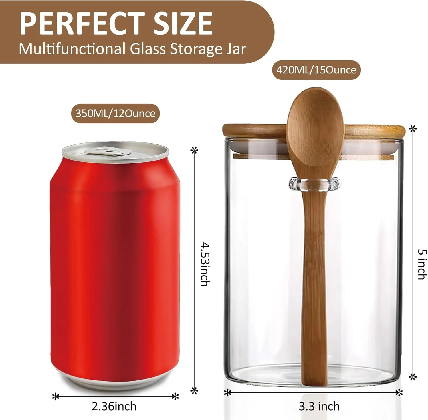 ست 2 عددی ظروف شیشه ای شفاف با قاشق چوبی 420 میلی لیتر، شیشه های کوچک درب دار و مهر و موم شده به همراه قاشق برای نگهداری نمک حمام، شکر، ادویه، قهوه، چای ماچا، چاشنی و فلفل