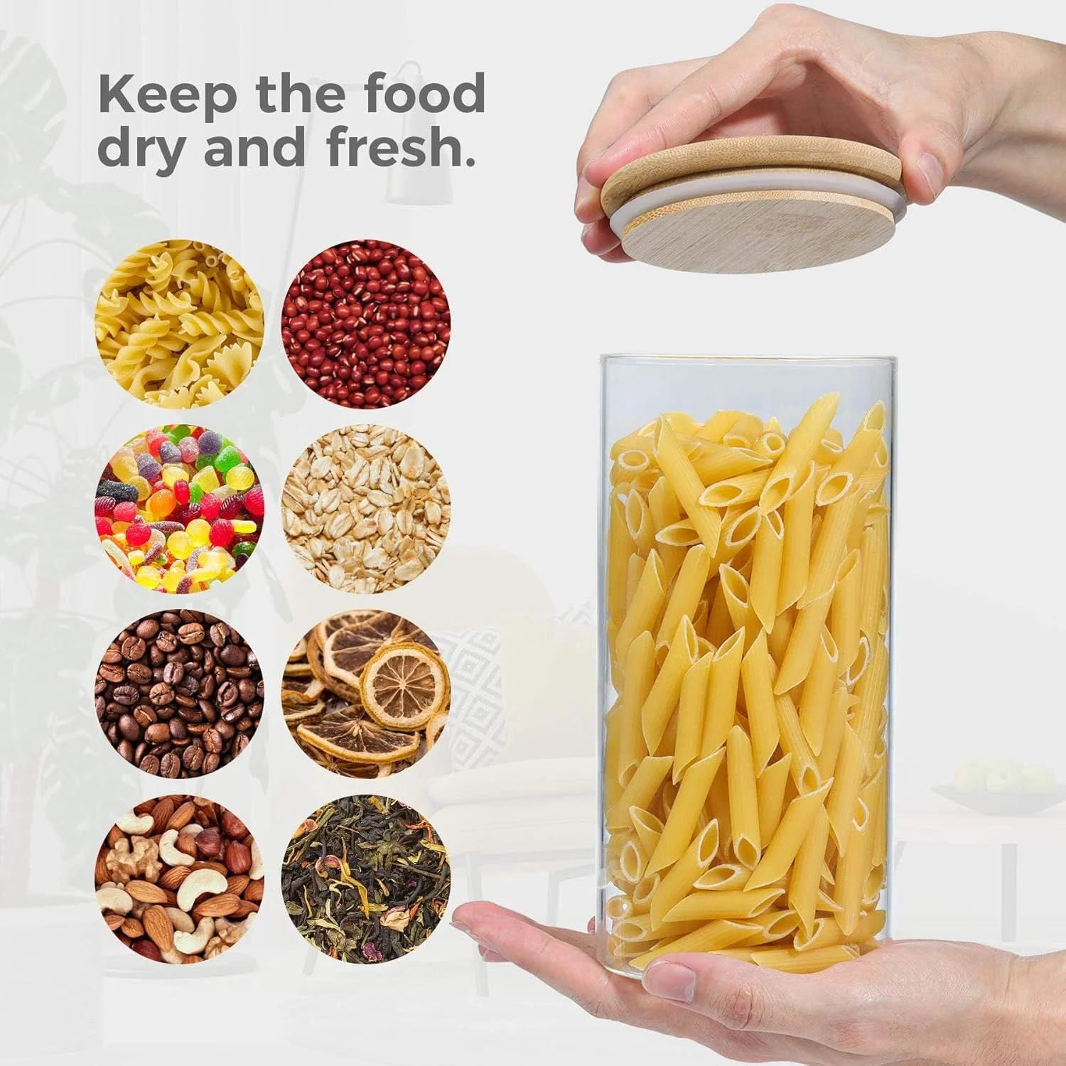 Glass storage jars Airtight Bamboo Lids Borosilicate Glass Jars (450 mL) Kitchen Pantry Organizers, Moisture Proof, Ideal for Storing Dry Items, Pasta, Legumes, Etc.