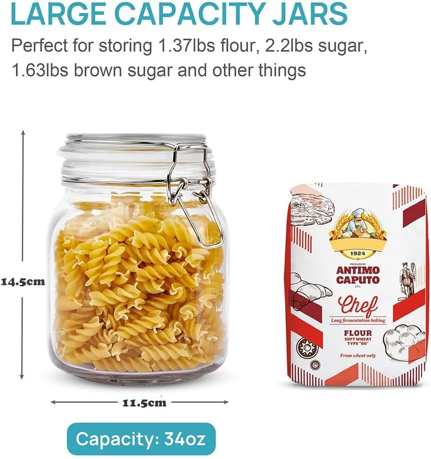 ست 2 عددی ظروف شیشه ای نگهداری مواد غذایی با درب گیره ای محکم، دو سایز (1000 میلی لیتر و 2200 میلی لیتر)، مناسب برای آرد، غلات، قهوه، پاستا، میوه و کنسرو، ظروف مربعی برای نگهداری ادویه جات. (کوچک)