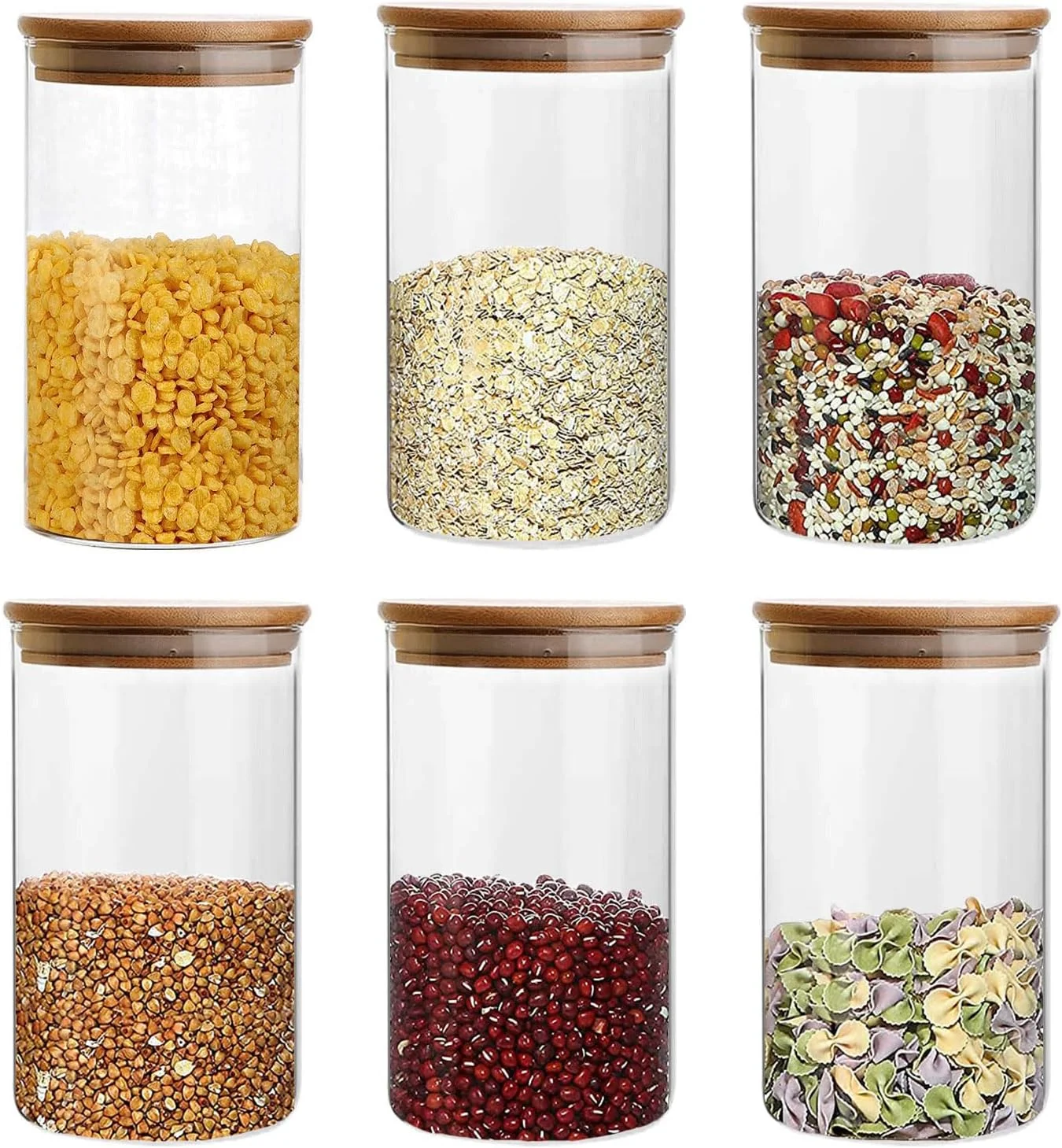 ست 6 عددی ظروف شیشه ای درب بامبو، 1000 میلی لیتر، ظروف شیشه ای شفاف و بدون هوا، مناسب برای سازماندهی مواد غذایی در آشپزخانه و نگهداری ادویه، چای، قهوه، آرد و غلات