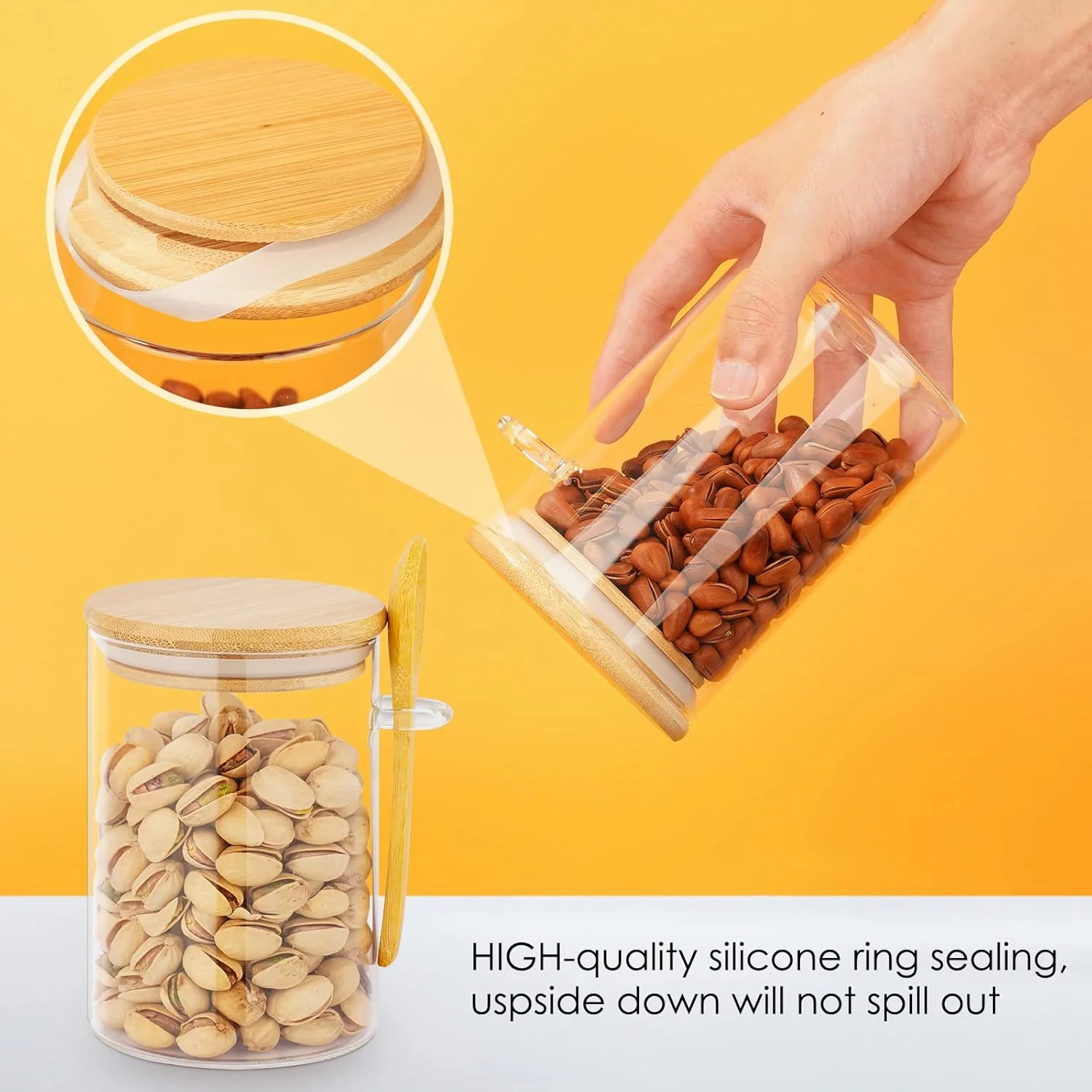 ست 3 تایی ظروف شیشه ای درب دار برای نگهداری مواد غذایی، ظروف درب دار مناسب برای نگهداری شیرینی و کلوچه، ظروف پلمپ آشپزخانه، ست ظروف نگهداری حبوبات و غلات به همراه قاشق، مناسب برای نگهداری مواد غذایی خشک، شکر، آرد و حبوبات