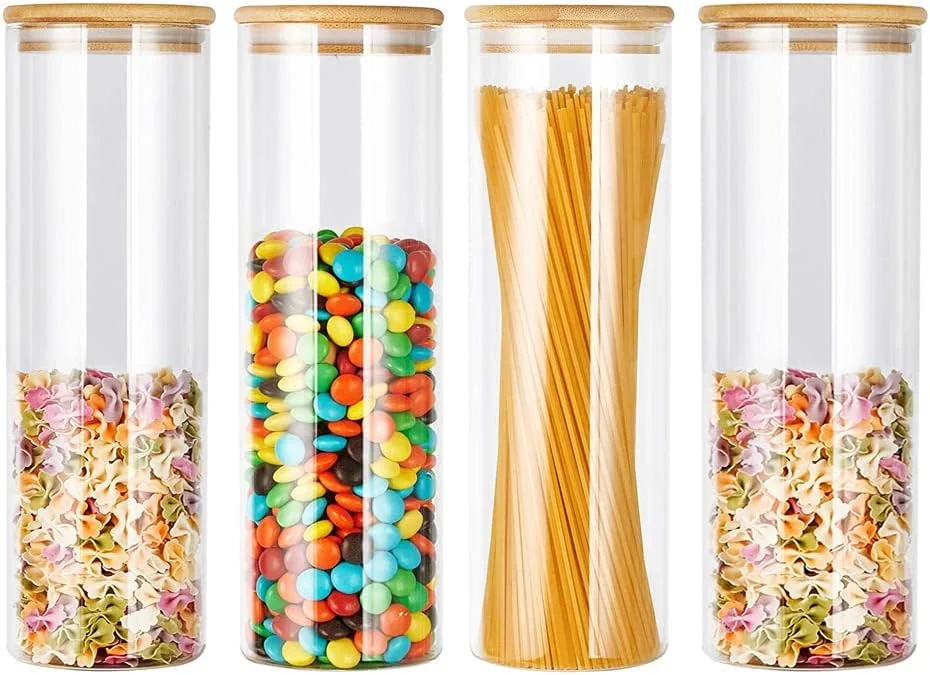 ظرف شیشه ای ذخیره سازی GGerou با درب بامبو، ست ظروف شیشه ای درب دار، ظرف ادویه، ظروف سازماندهی و نگهداری مواد غذایی مناسب برای شکر، قهوه، کلوچه، آبنبات، غلات (1400 میلی لیتر، مجموعه 4 عددی)