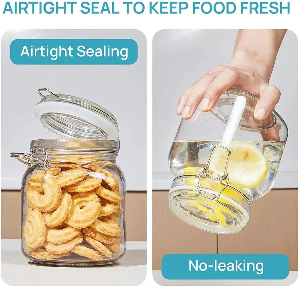 ست 2 عددی ظروف شیشه ای نگهداری مواد غذایی با درب گیره ای محکم، دو سایز (1000 میلی لیتر و 2200 میلی لیتر)، مناسب برای آرد، غلات، قهوه، پاستا، میوه و کنسرو، ظروف مربعی برای نگهداری ادویه جات. (کوچک)