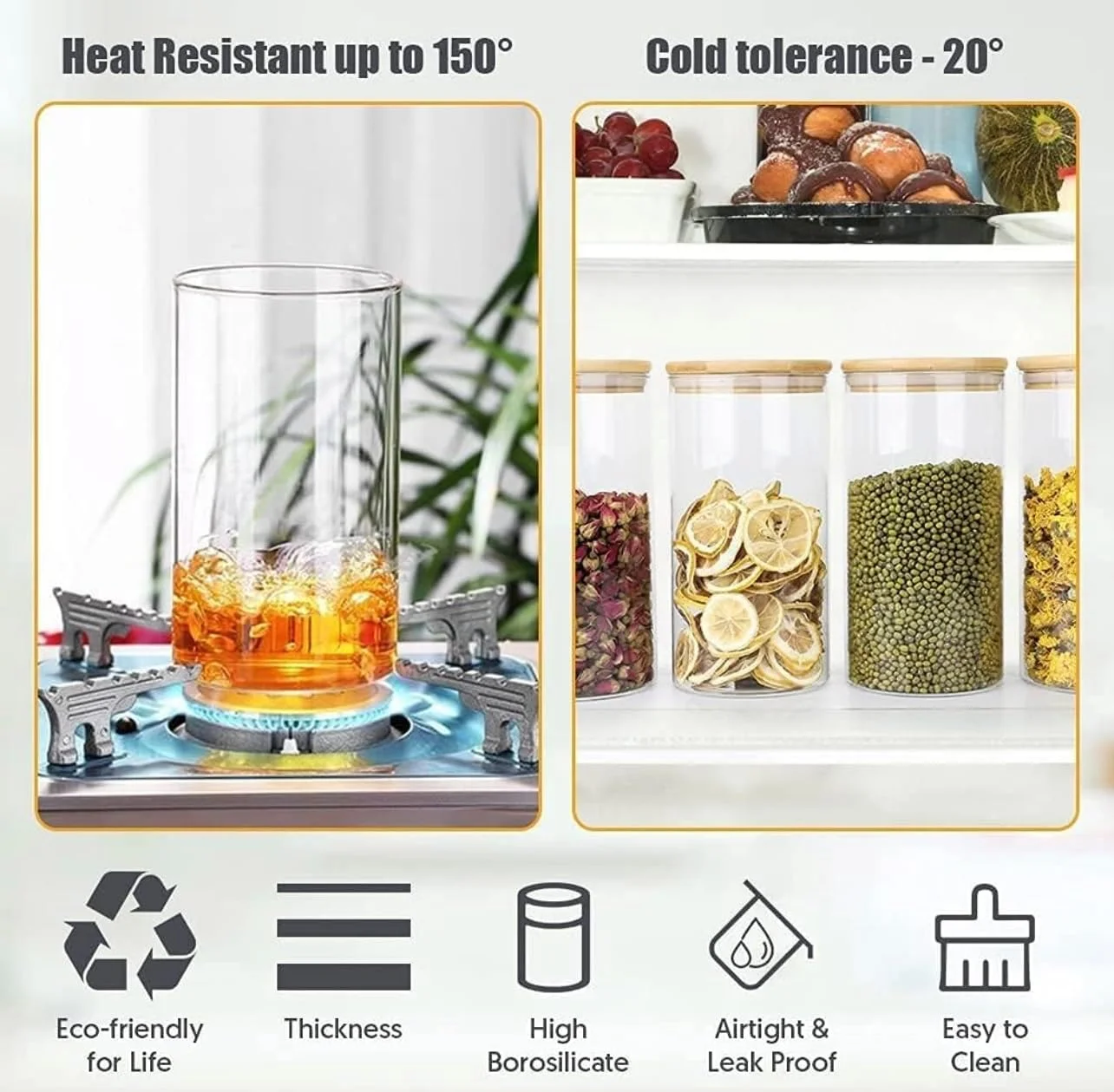 ست 6 عددی ظروف شیشه ای درب بامبو، ظروف شیشه ای بوروسیلیکات (600 میلی لیتر)، سازمان دهنده های آشپزخانه، ضد رطوبت، ایده آل برای نگهداری مواد خشک، پاستا، حبوبات و غیره.