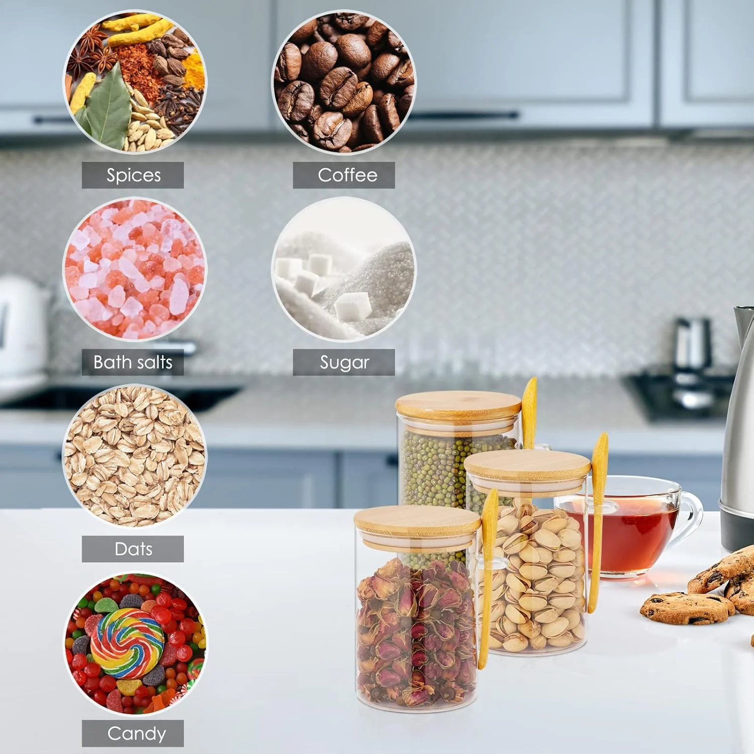 ست 3 تایی ظروف شیشه ای درب دار برای نگهداری مواد غذایی، ظروف درب دار مناسب برای نگهداری شیرینی و کلوچه، ظروف پلمپ آشپزخانه، ست ظروف نگهداری حبوبات و غلات به همراه قاشق، مناسب برای نگهداری مواد غذایی خشک، شکر، آرد و حبوبات