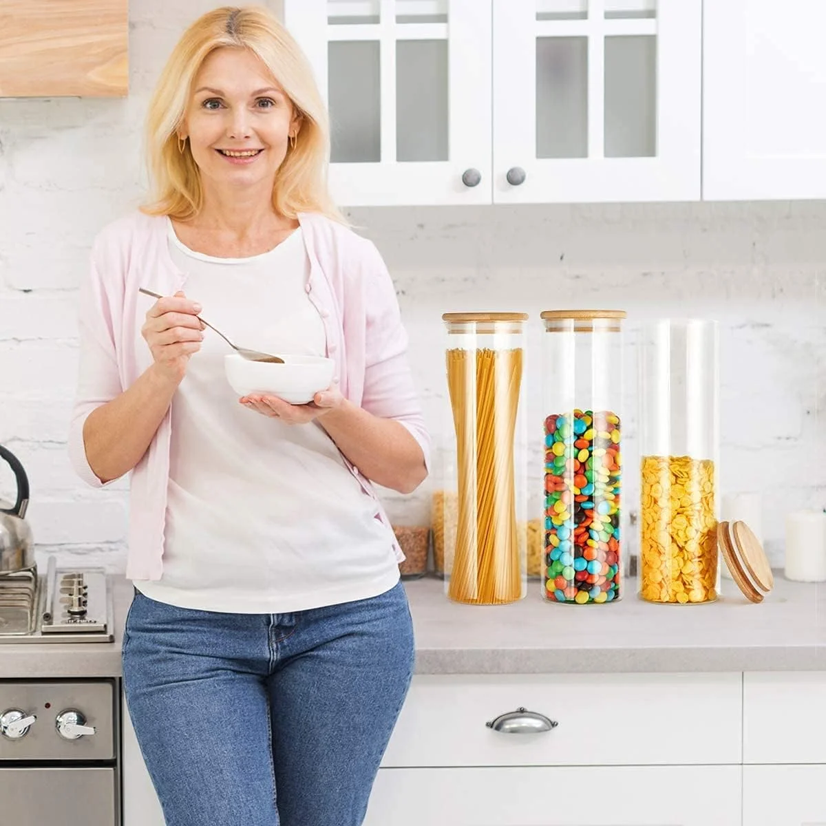 ظرف شیشه ای ذخیره سازی GGerou با درب بامبو، ست ظروف شیشه ای درب دار، ظرف ادویه، ظروف سازماندهی و نگهداری مواد غذایی مناسب برای شکر، قهوه، کلوچه، آبنبات، غلات (1400 میلی لیتر، مجموعه 4 عددی)