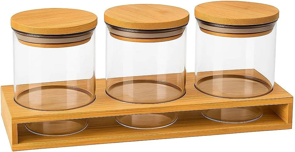 ست (3 عددی) ظروف شیشه ای ذخیره سازی با درب های بامبو و نگهدارنده، ظروف آشپزخانه بوروسیلیکاتی 980 میلی لیتری برای قهوه، آجیل، کلوچه، شکر، آرد، پاستا، آب نبات و ذخیره سازی مواد غذایی خشک.