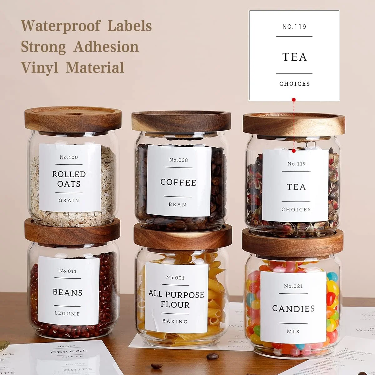 ست 6 عددی ظروف شیشه ای 473 میلی لیتری قابل انباشت برای نگهداری مواد غذایی با 132 برچسب از پیش چاپ شده برای کابینت - ظروف شیشه ای ضخیم با درب چوبی آکاسیا - ظروف شفاف آشپزخانه برای ادویه، چای، قهوه، شکر