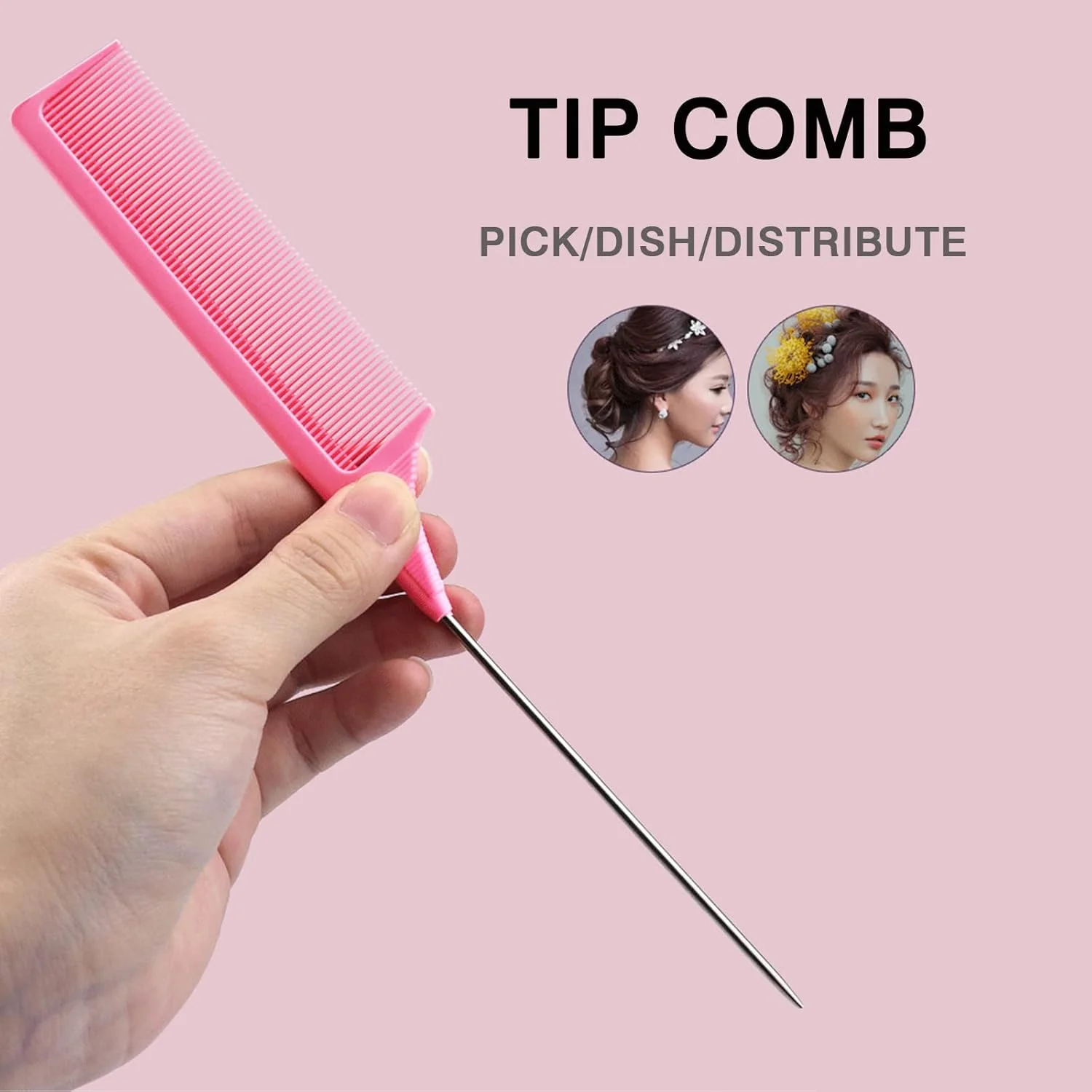 برس مو POSICHE مناسب موهای خیس و خشک، برس شامپو برای حالت دادن و باز کردن گره مو، برس گرد باز کننده گره مو، مناسب موهای فر، زنان و مردان، شانه 8 چنگکی، شانه دم باریک برای حالت دادن موهای پفکی، شانه ماساژ آرایشگری، ست 4 عددی (صورتی)