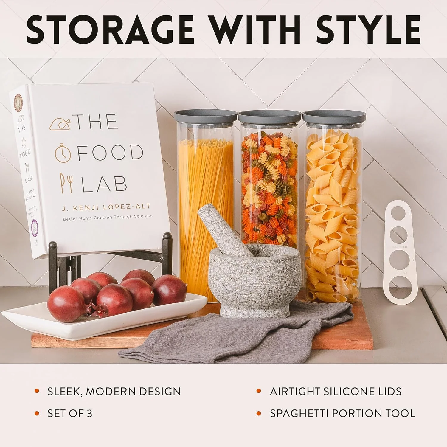 ظرف اسپاگتی با درب های محکم - ظروف شیشه ای با درب سیلیکونی محکم، ظروف نگهداری مواد غذایی برای پاستا به همراه ابزار اندازه گیری - ست 3 عددی