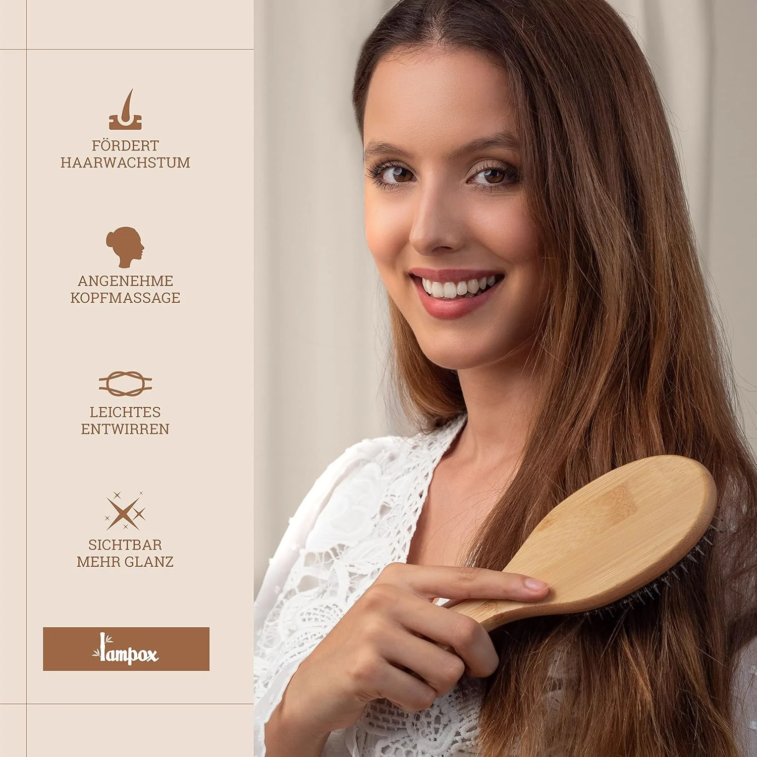 لامپوکس - برس موی بامبو با موهای گراز، ماساژ سر و مراقبت از مو، برس باز کننده گره مو برای موهای بلند و فر زنان، مردان و کودکان، برس ماساژ برای پوست سر، باز کننده گره مو (بیضی)