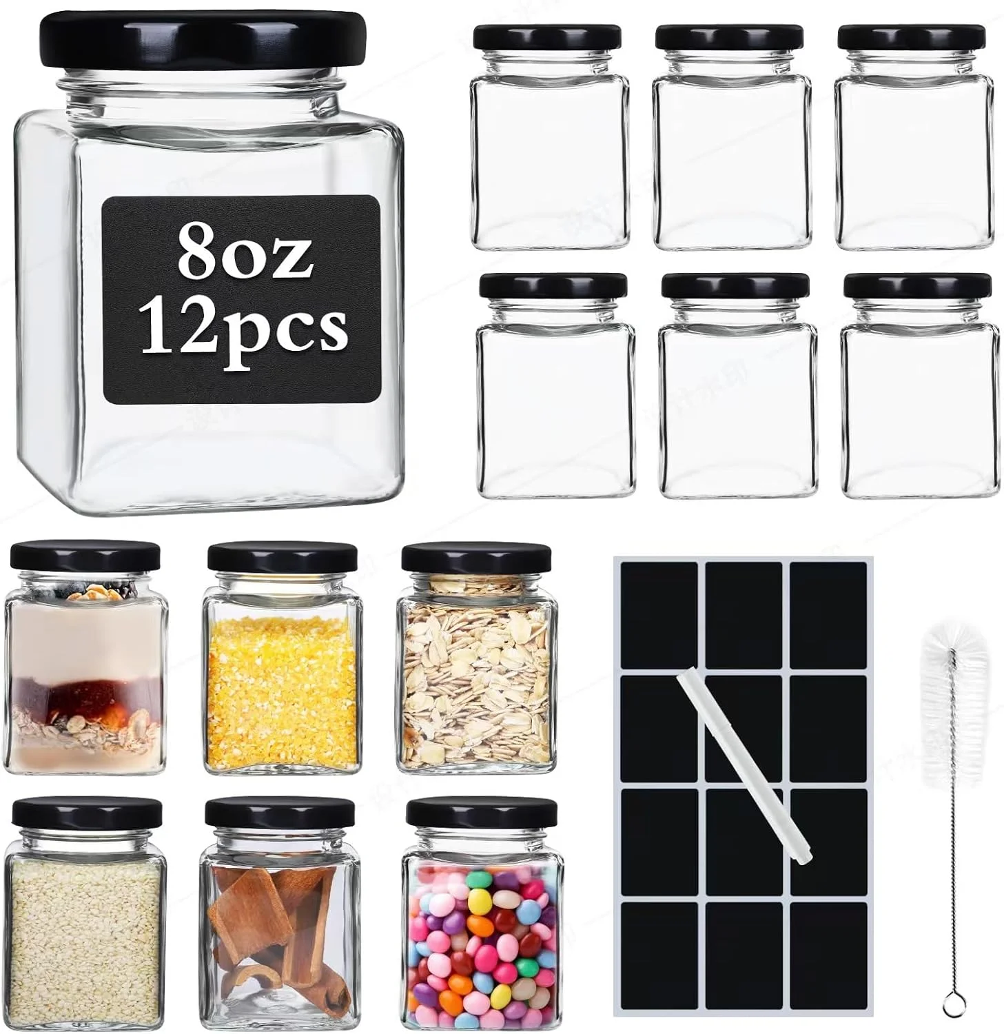 ست 12 عددی شیشه مربعی 240 میلی لیتری SKYLINK با درب های مشکی محکم، برچسب و برس تمیز کننده، شیشه های کوچک میسون برای ادویه جات، مربا، عسل، ژله، هدایای DIY، جشن نوزاد و گیفت عروسی