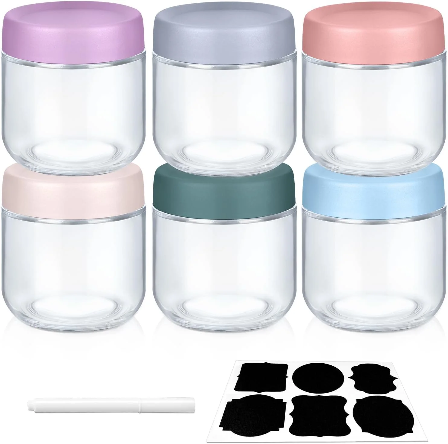 ست 6 عددی شیشه های نگهدارنده 350 میلی لیتری SKYLINK با درب های رنگی - شیشه های کوچک شفاف برای غذا، ادویه جات، سس ها، تنقلات - ظروف قابل استفاده مجدد با برچسب و ماژیک