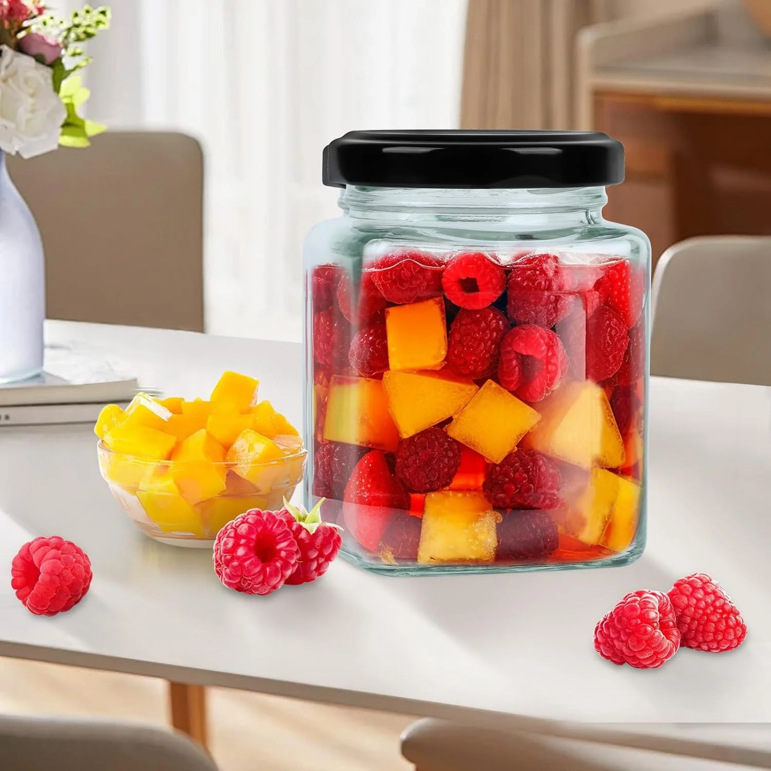 ست 12 عددی شیشه مربعی 240 میلی لیتری SKYLINK با درب های مشکی محکم، برچسب و برس تمیز کننده، شیشه های کوچک میسون برای ادویه جات، مربا، عسل، ژله، هدایای DIY، جشن نوزاد و گیفت عروسی