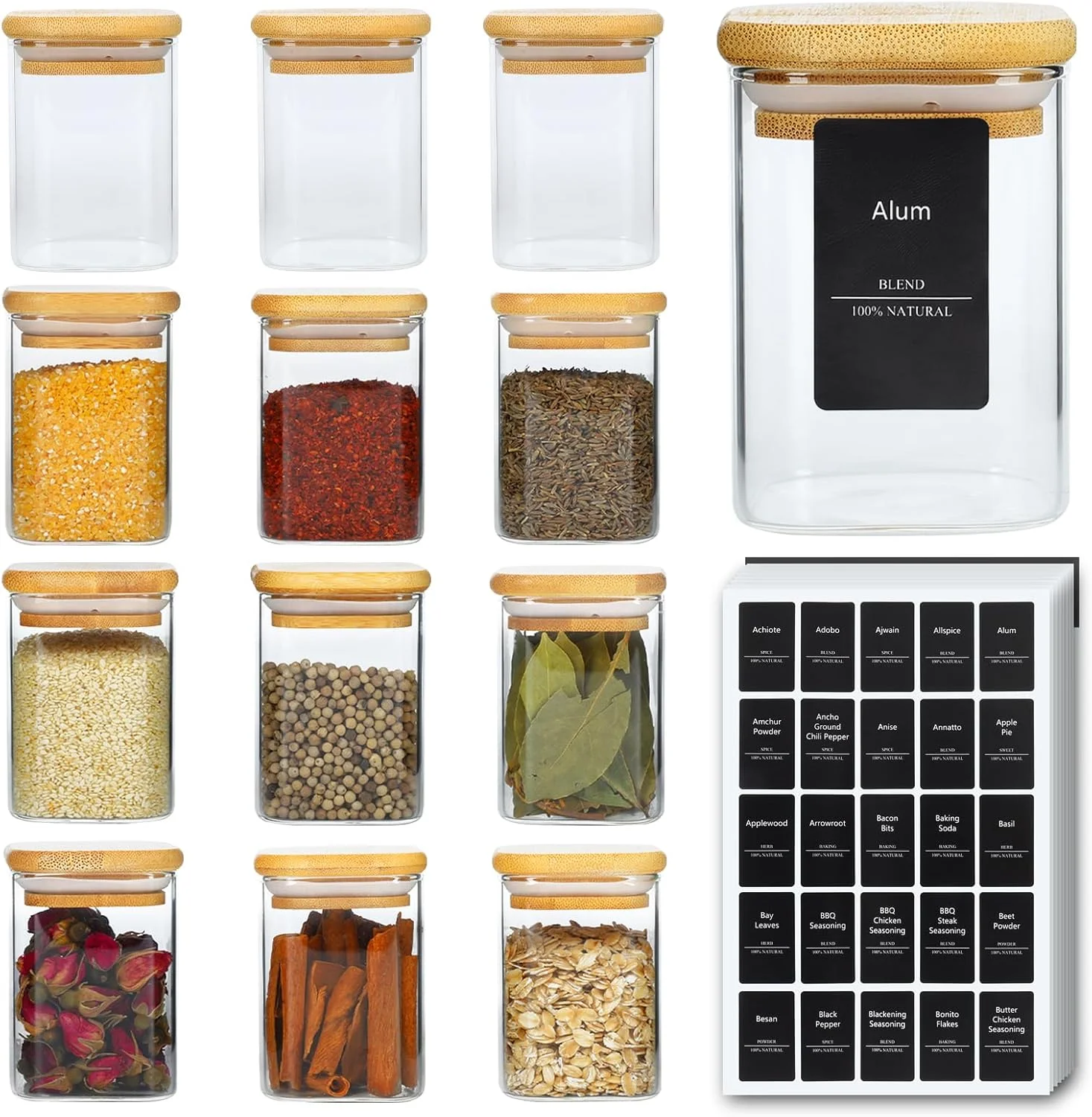 ست 12 عددی شیشه ادویه 240 میلی لیتری SKYLINK با درب بامبو، ظروف مربعی درب دار با 275 برچسب مشکی - ایده آل برای نگهداری در آشپزخانه، گیاهان، نمک، شکر، ادویه جات و نظم دهی به انبار