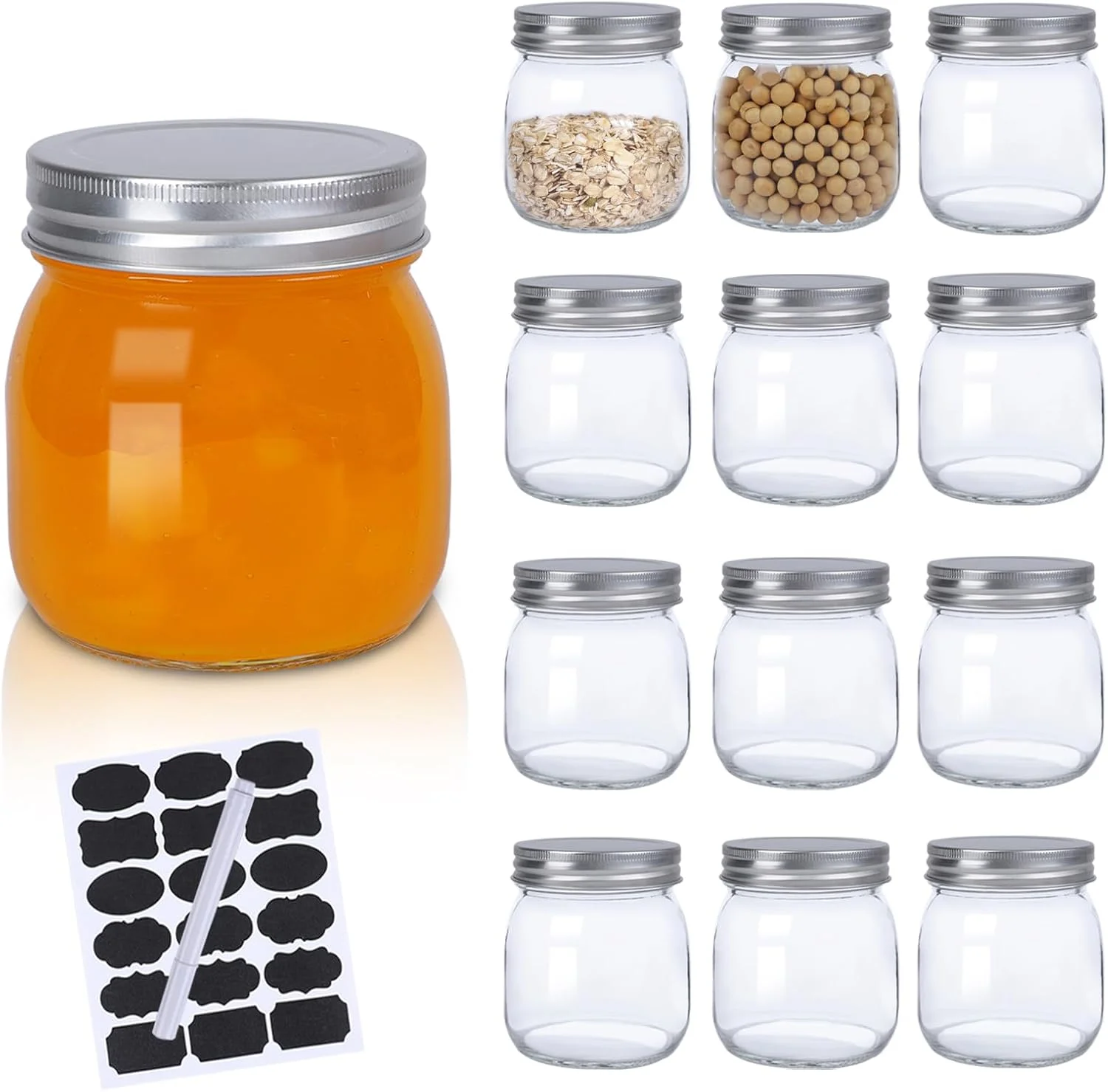 ست 12 عددی شیشه های دهان گشاد 300 میلی لیتری SKYLINK با درب و حلقه های محکم، شیشه های کنسرو برای مربا، عسل، ژله، سس، نگهداری ادویه جات، هدیه عروسی و جشن، نگهداری مواد غذایی و کاردستی