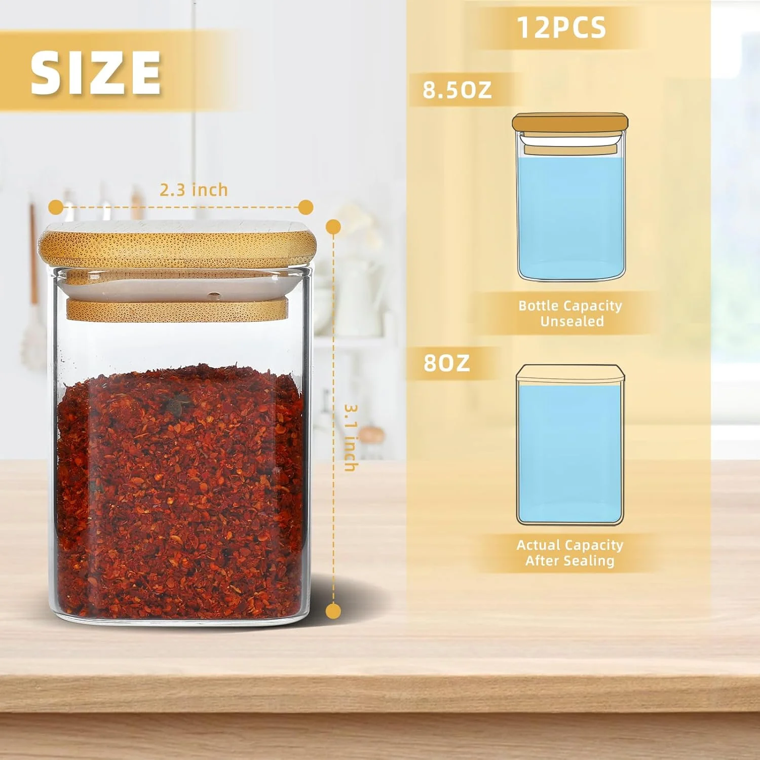 ست 12 عددی شیشه ادویه 240 میلی لیتری SKYLINK با درب بامبو، ظروف مربعی درب دار با 275 برچسب مشکی - ایده آل برای نگهداری در آشپزخانه، گیاهان، نمک، شکر، ادویه جات و نظم دهی به انبار