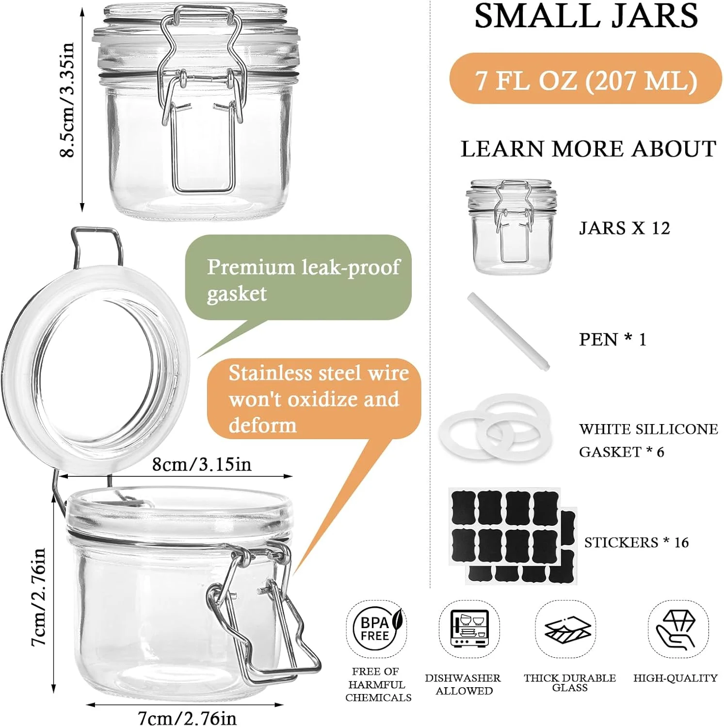 ست 12 عددی شیشه های درب لولایی SKYLINK، 200 میلی لیتری، شیشه های کوچک میسون برای نگهداری و کنسرو مواد غذایی در آشپزخانه، به همراه 6 واشر سیلیکونی اضافی و برچسب تخته سیاه قابل نوشتن ست 12 عددی شیشه های درب لولایی SKYLINK، 200 میلی لیتری، شیشه های کوچک میسون برای نگهداری و کنسرو مواد غذایی در آشپزخانه، به همراه 6 واشر سیلیکونی اضافی و برچسب تخته سیاه قابل نوشتن