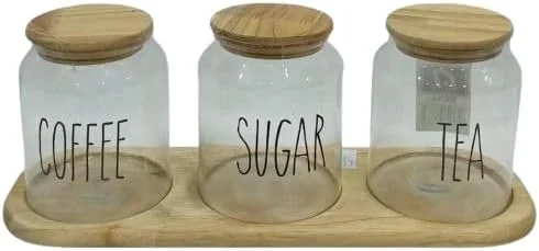 ست 3 تایی ظروف شیشه ای شفاف با درب چوبی - برچسب قهوه، شکر و چای - شامل سینی چوبی - مناسب برای نظم دهی کابینت و نمایش روی پیشخوان