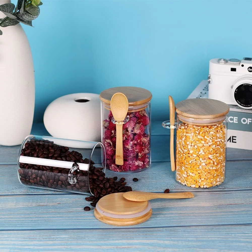 SKY-TOUCH 3Pcs Glass Jars with Bamboo Lids & Spoons : 550ml Airtight Glass Spice Jars Clear Sugar Container Food Storage Containers for Coffee Beans Spice Sugar Tea Nuts Candy Salts SKY-TOUCH 3Pcs Glass Jars with Bamboo Lids & Spoons : 550ml Airtight Glass Spice Jars Clear Sugar Container Food Storage Containers for Coffee Beans Spice Sugar Tea Nuts Candy Salts