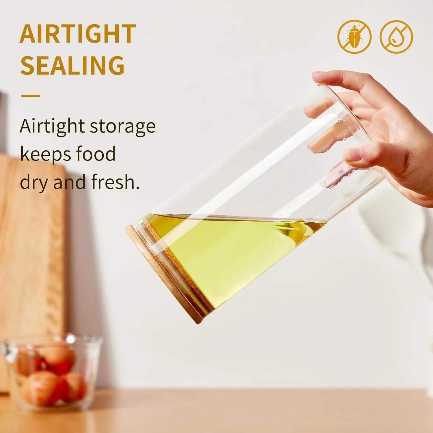 SKY-TOUCH Glass Food Storage Jars Containers set 1.5L,with Airtight Bamboo lids Set of 3,for Spices Noodles Flour Cereal Rice Sugar Tea Coffee Beans, Square (3 Pack, 1500ml)