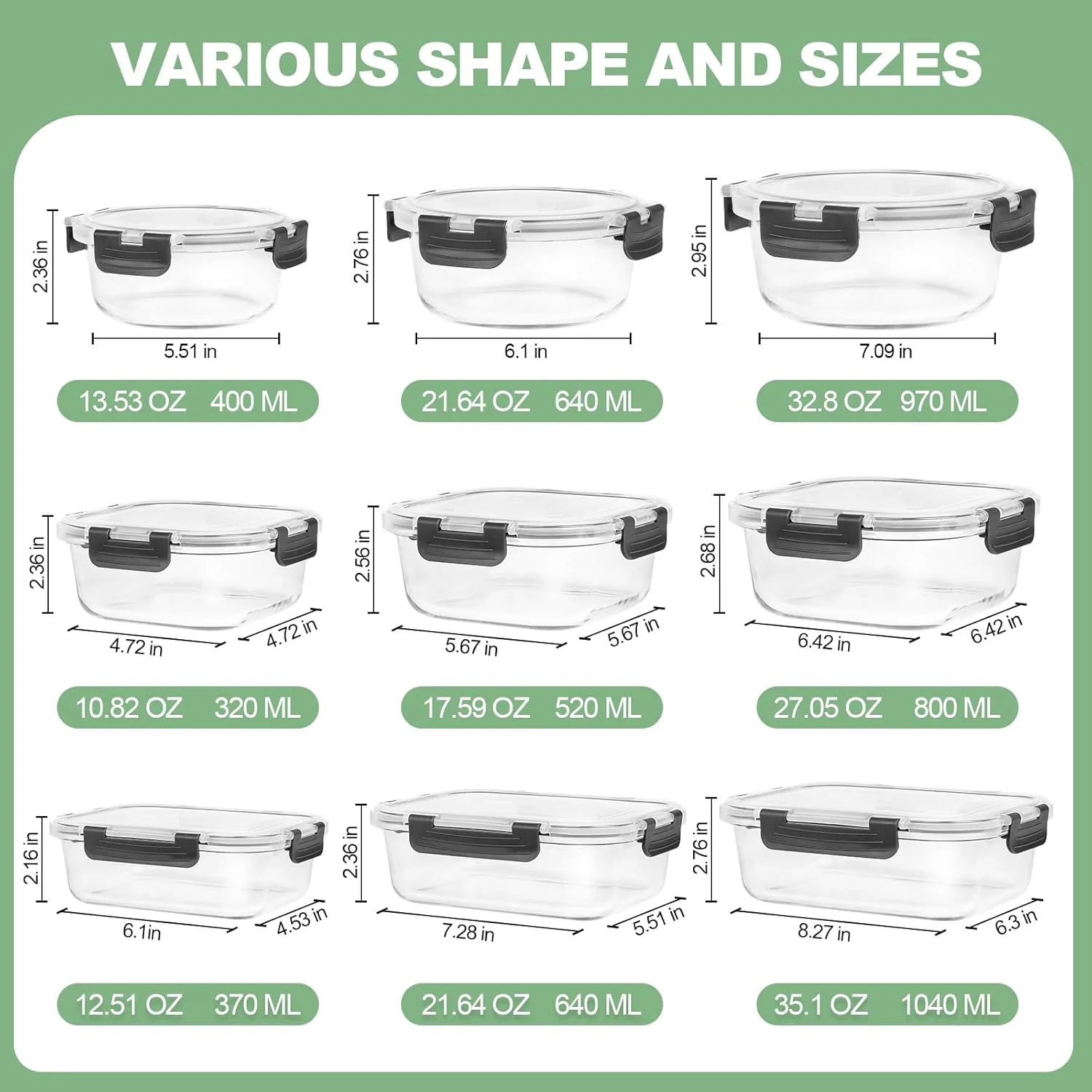 ظروف شیشه ای نگهداری مواد غذایی Skroam بسته 12 عددی با درب، مناسب آماده سازی غذا، ظروف نگهداری آشپزخانه و مواد غذایی، ضد نشت، ظروف بنتو شیشه ای درب دار مناسب مایکروویو، فر، فریزر و ماشین ظرفشویی