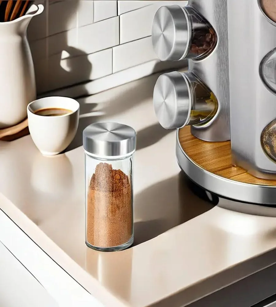 showkah® 360° Rotating Spice Rack Organizer - Stainless Steel 3-Tier Carousel with 12 Glass Jars, Airtight Lids & Lazy Susan Base - Space Saving Countertop Storage for Kitchen, Pantry, Restaurant