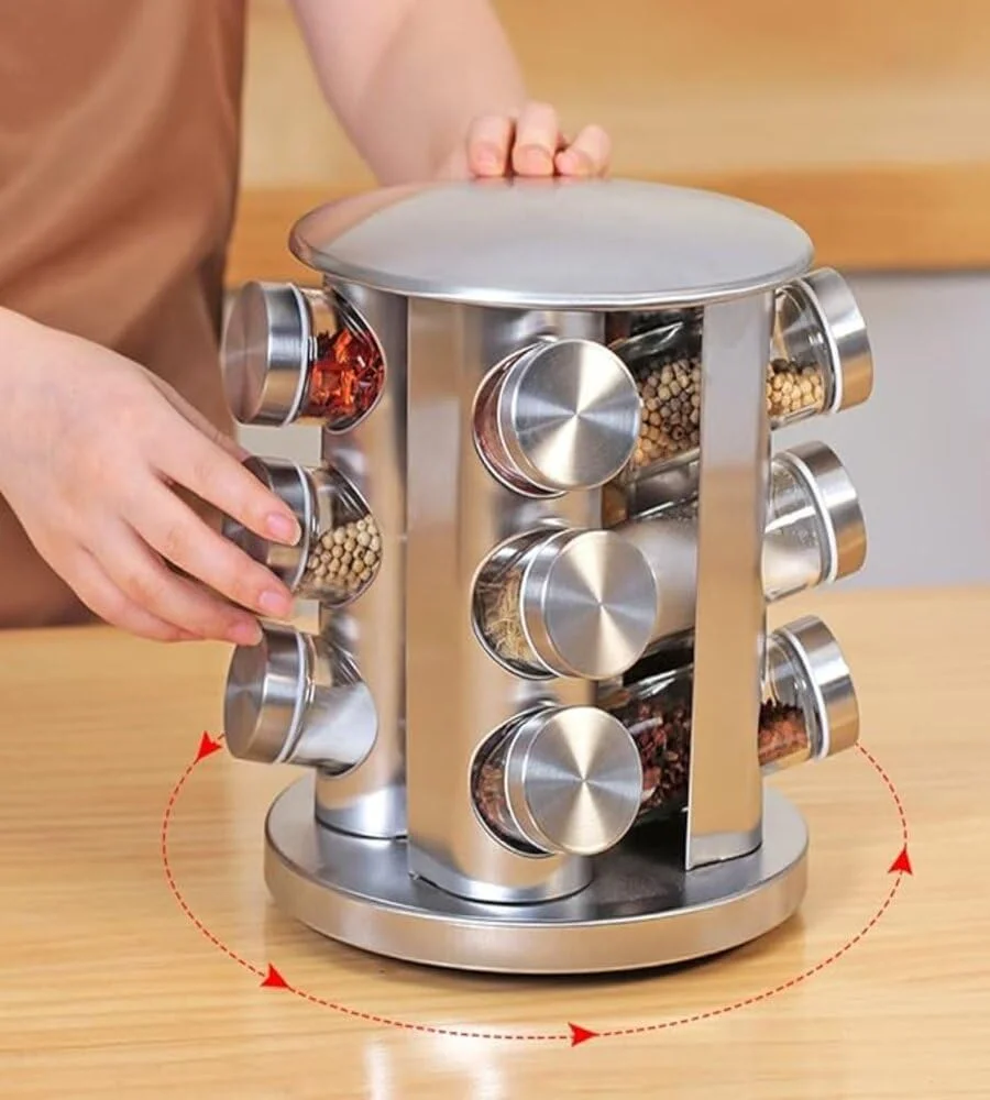 showkah® 360° Rotating Spice Rack Organizer - Stainless Steel 3-Tier Carousel with 12 Glass Jars, Airtight Lids & Lazy Susan Base - Space Saving Countertop Storage for Kitchen, Pantry, Restaurant