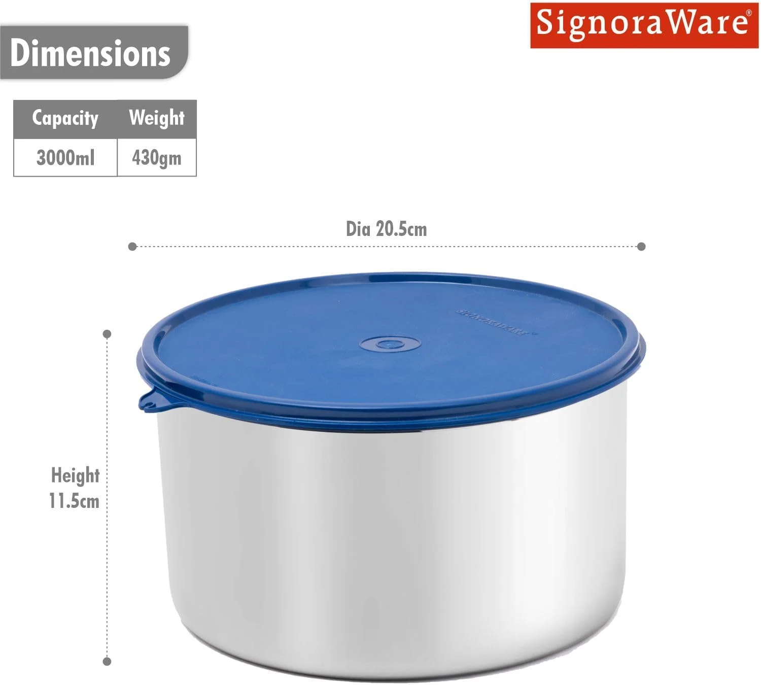 SignoraWare Storewell Stainless Steel, Jumbo Storage Round Container, 3ltr|Air tight|Food grade|Pantry & freezer storage|For Daal, Suji, Besan,wafers|Stackable|Space saving|(Color May Vary)