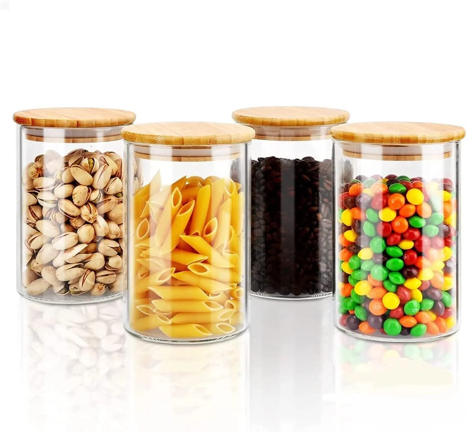 ست 4 تایی ظروف شیشه ای نگهداری مواد غذایی RRONG با درب بامبو، ظروف شیشه ای حبوبات برای سازماندهی و نگهداری مواد غذایی در آشپزخانه، ظروف ضد رطوبت برای شکر، قهوه، چای (1000 میلی لیتر)
