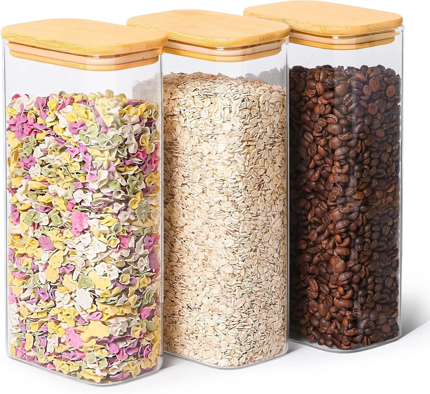ظروف شیشه ای مستطیلی 1870 میلی لیتری با درب، شیشه های شیشه ای با درب بامبو، شیشه شفاف نگهداری مواد غذایی، ست 3 عددی ظروف شیشه ای مربعی، سازمان دهنده و نگهداری مواد غذایی برای آرد، پاستا، دانه های قهوه