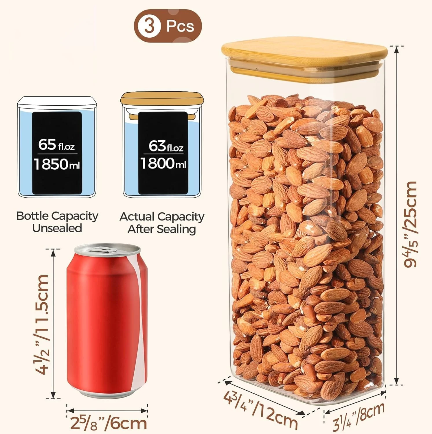 ظروف شیشه ای مستطیلی 1870 میلی لیتری با درب، شیشه های شیشه ای با درب بامبو، شیشه شفاف نگهداری مواد غذایی، ست 3 عددی ظروف شیشه ای مربعی، سازمان دهنده و نگهداری مواد غذایی برای آرد، پاستا، دانه های قهوه