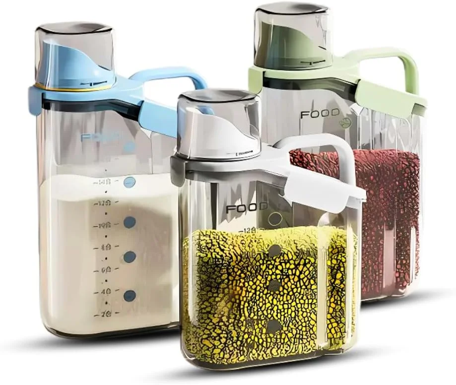 ست 3 تکه ظروف نگهداری غلات راکسوم | ظرف نگهداری مواد غذایی درب دار | سازمان دهنده آشپزخانه دسته دار + پیمانه اندازه گیری | ظرف برنج پلاستیکی بدون BPA | ست 3 سایز برای نگهداری و سازماندهی منزل