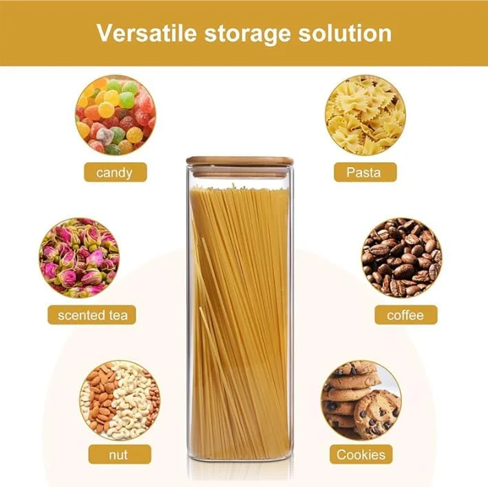 ظروف شیشه ای مستطیلی 1870 میلی لیتری با درب، شیشه های شیشه ای با درب بامبو، شیشه شفاف نگهداری مواد غذایی، ست 3 عددی ظروف شیشه ای مربعی، سازمان دهنده و نگهداری مواد غذایی برای آرد، پاستا، دانه های قهوه